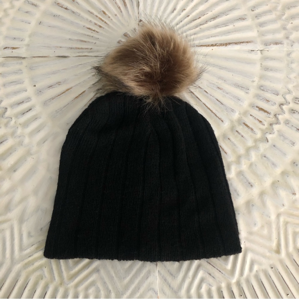 Black Knit Beanie with Faux Fur Pom Pom - removable - hats head covering